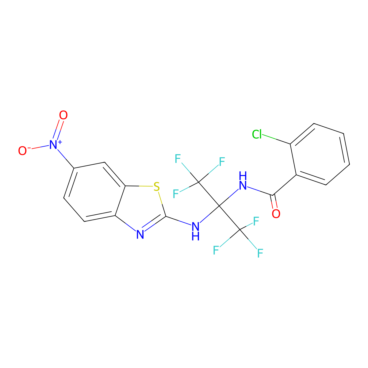 2-Chloro-N-[2,2,2-trifluoro-1-(6-nitro-benzothiazol-2-ylamino)-1-trifluoromethyl-ethyl]-benzamide molecular structure, CAS 489414-77-9