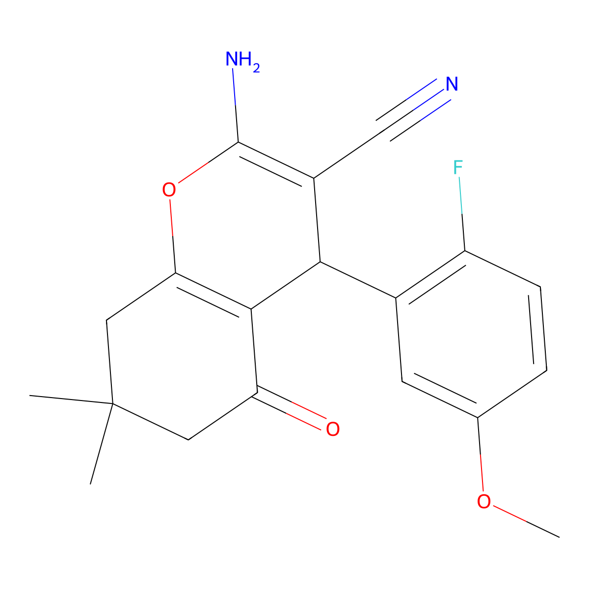 2-amino-4-(2-fluoro-5-methoxyphenyl)-7,7-dimethyl-5-oxo-5,6,7,8-tetrahydro-4H-chromene-3-carbonitrile molecular structure, CAS 489415-09-0