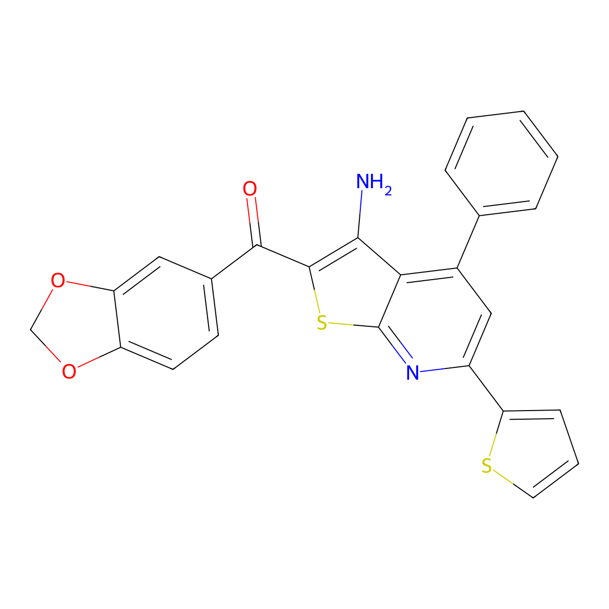 (3-Amino-4-phenyl-6-thiophen-2-ylthieno[2,3-b]pyridin-2-yl)-(1,3-benzodioxol-5-yl)methanone molecular structure, CAS 489415-17-0
