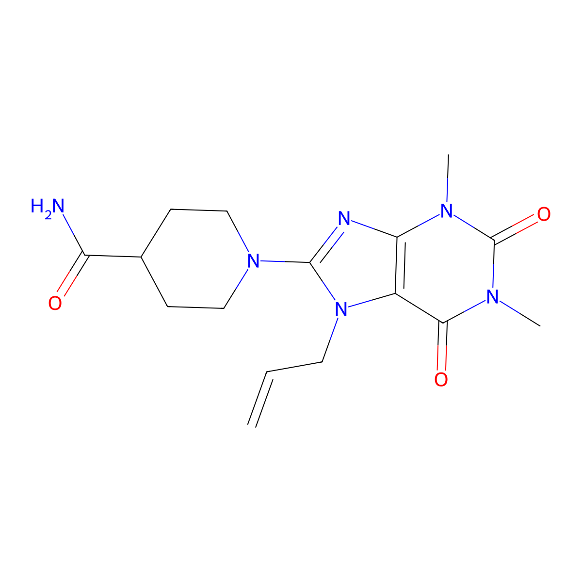 1-(7-allyl-1,3-dimethyl-2,6-dioxo-2,3,6,7-tetrahydro-1H-purin-8-yl)piperidine-4-carboxamide molecular structure, CAS 489415-43-2