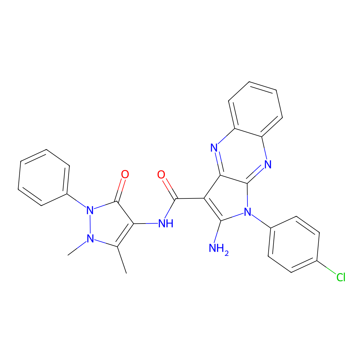 2-amino-1-(4-chlorophenyl)-N-(1,5-dimethyl-3-oxo-2-phenyl-2,3-dihydro-1H-pyrazol-4-yl)-1H-pyrrolo[2,3-b]quinoxaline-3-carboxamide molecular structure, CAS 489415-94-3