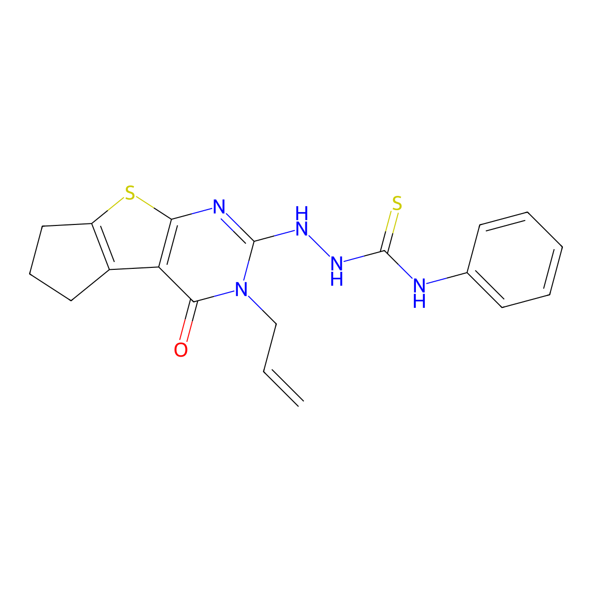 2-{2-[(Phenylamino)thioxomethyl]hydrazino}-3-prop-2-enyl-3,5,6,7-tetrahydrocyc lopenta[2,1-d]pyrimidino[4,5-b]thiophen-4-one molecular structure, CAS 489416-18-4