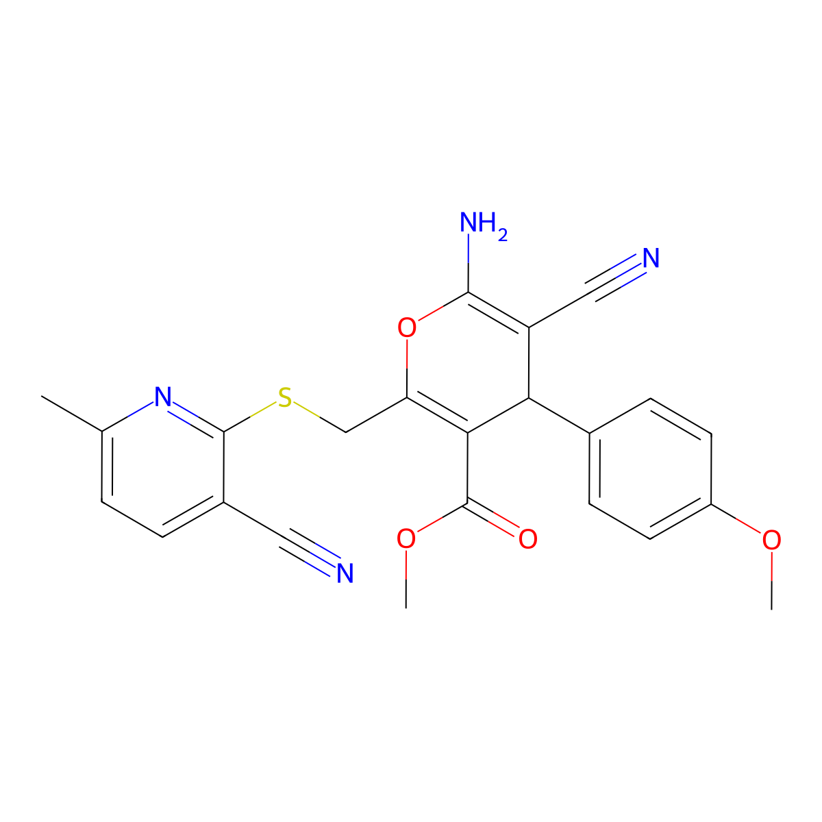 methyl 6-amino-5-cyano-2-{[(3-cyano-6-methylpyridin-2-yl)sulfanyl]methyl}-4-(4-methoxyphenyl)-4H-pyran-3-carboxylate molecular structure, CAS 489416-89-9