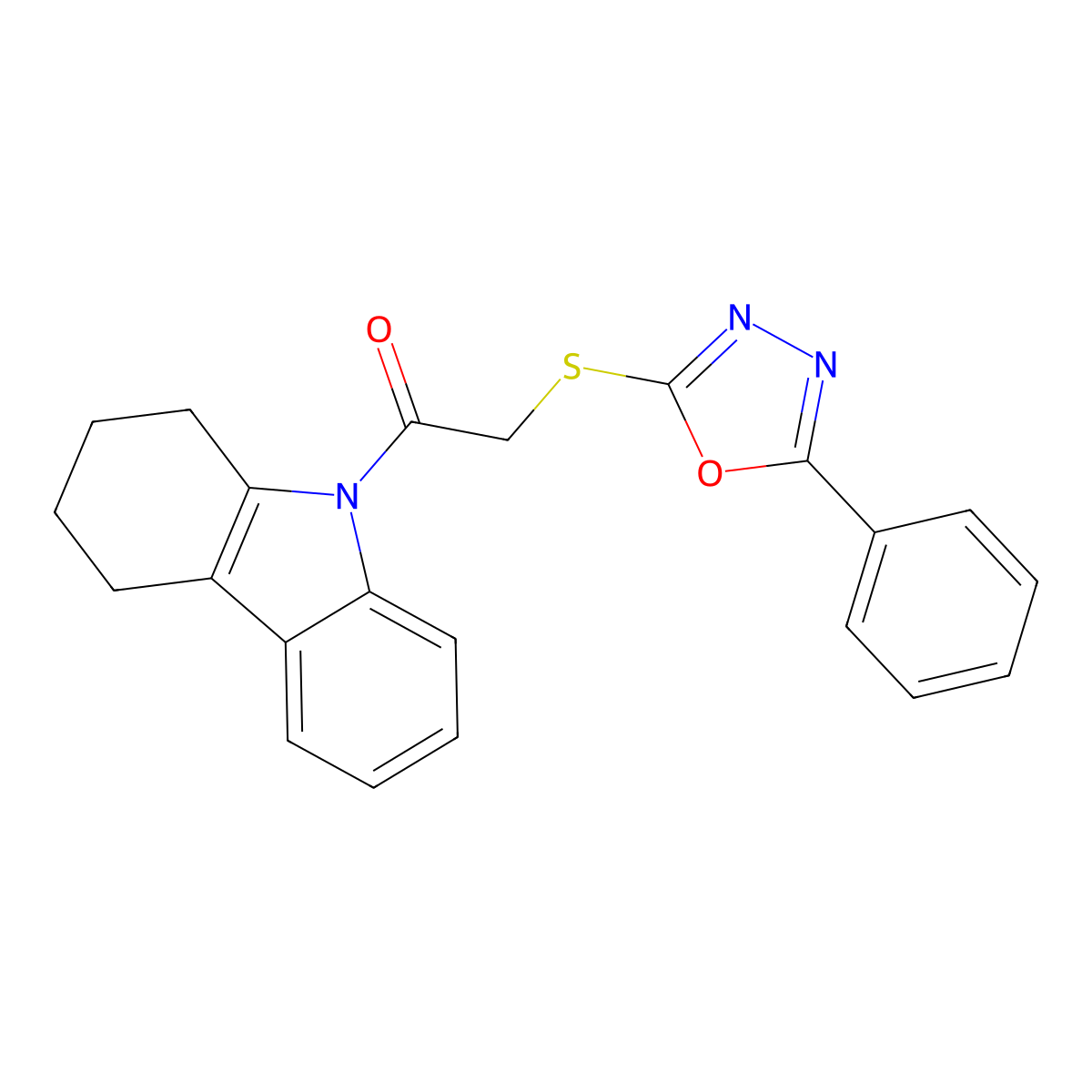 9-{[(5-phenyl-1,3,4-oxadiazol-2-yl)thio]acetyl}-2,3,4,9-tetrahydro-1H-carbazole molecular structure, CAS 489417-00-7
