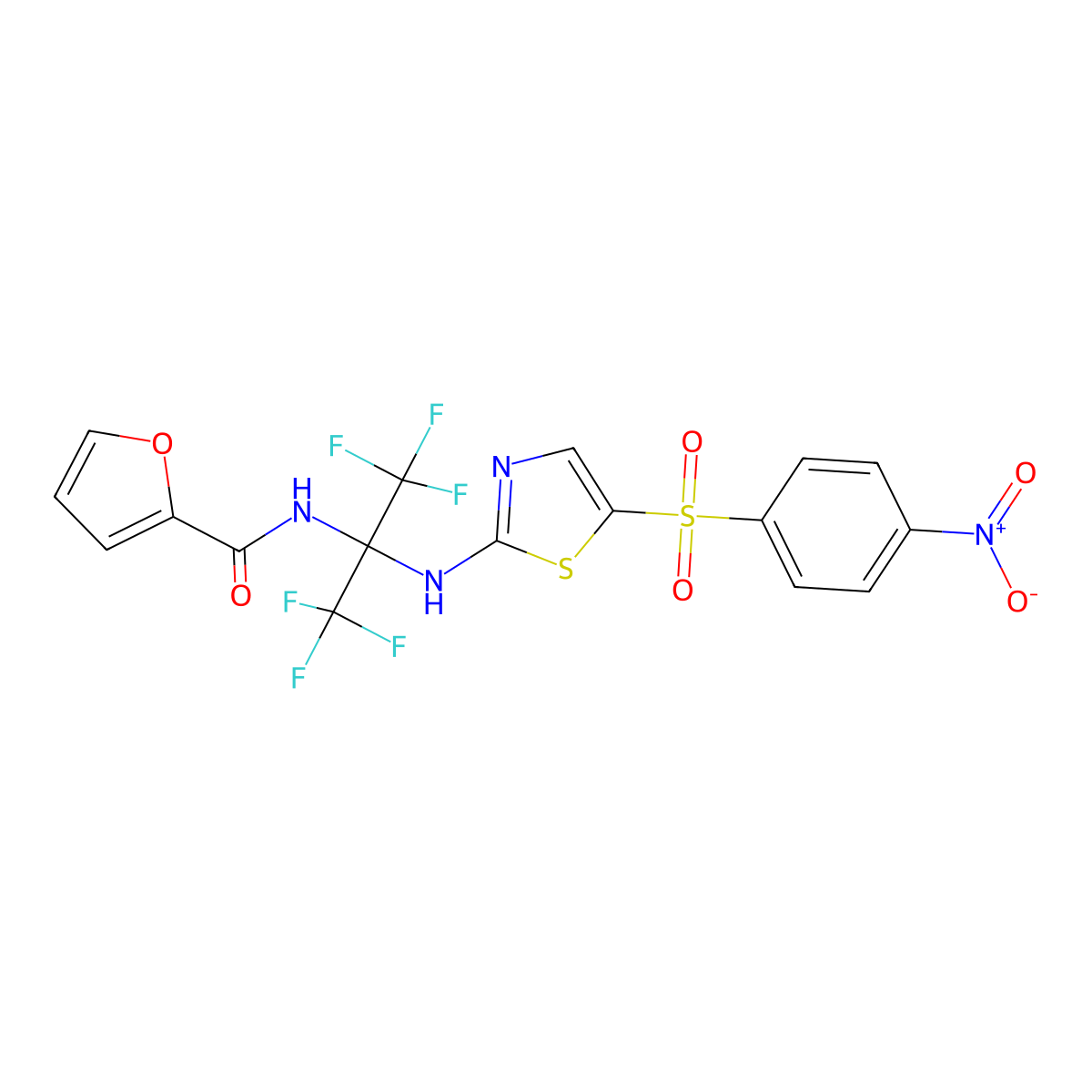 N-[1,1,1,3,3,3-hexafluoro-2-[[5-(4-nitrophenyl)sulfonyl-1,3-thiazol-2-yl]amino]propan-2-yl]furan-2-carboxamide molecular structure, CAS 489419-37-6