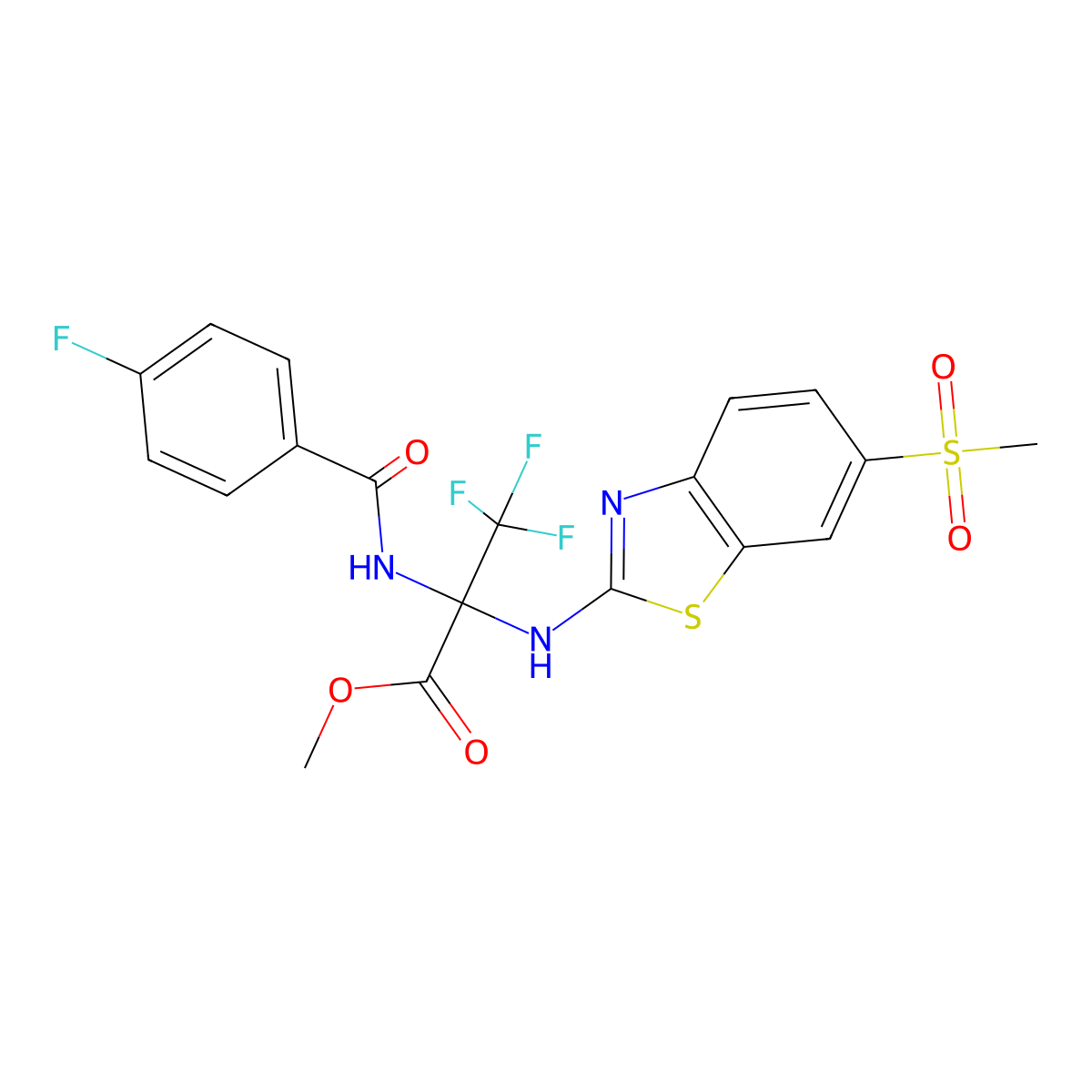 Methyl 3,3,3-trifluoro-2-[(4-fluorobenzoyl)amino]-2-[(6-methylsulfonyl-1,3-benzothiazol-2-yl)amino]propanoate molecular structure, CAS 489419-55-8