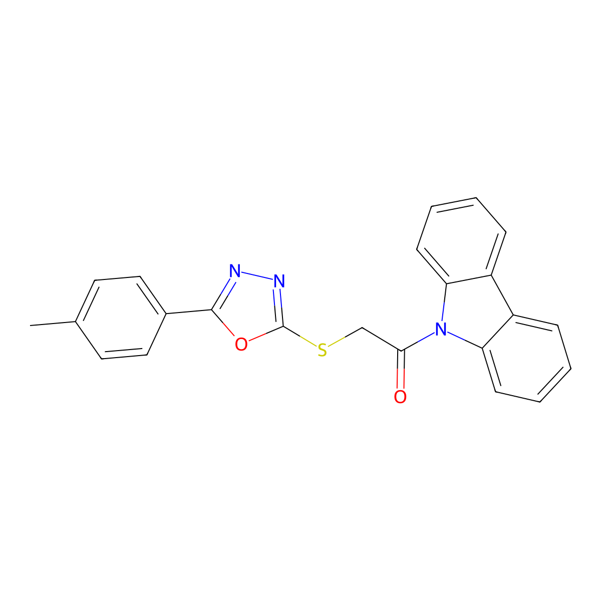 1-(9H-carbazol-9-yl)-2-{[5-(4-methylphenyl)-1,3,4-oxadiazol-2-yl]sulfanyl}ethanone molecular structure, CAS 489421-54-7