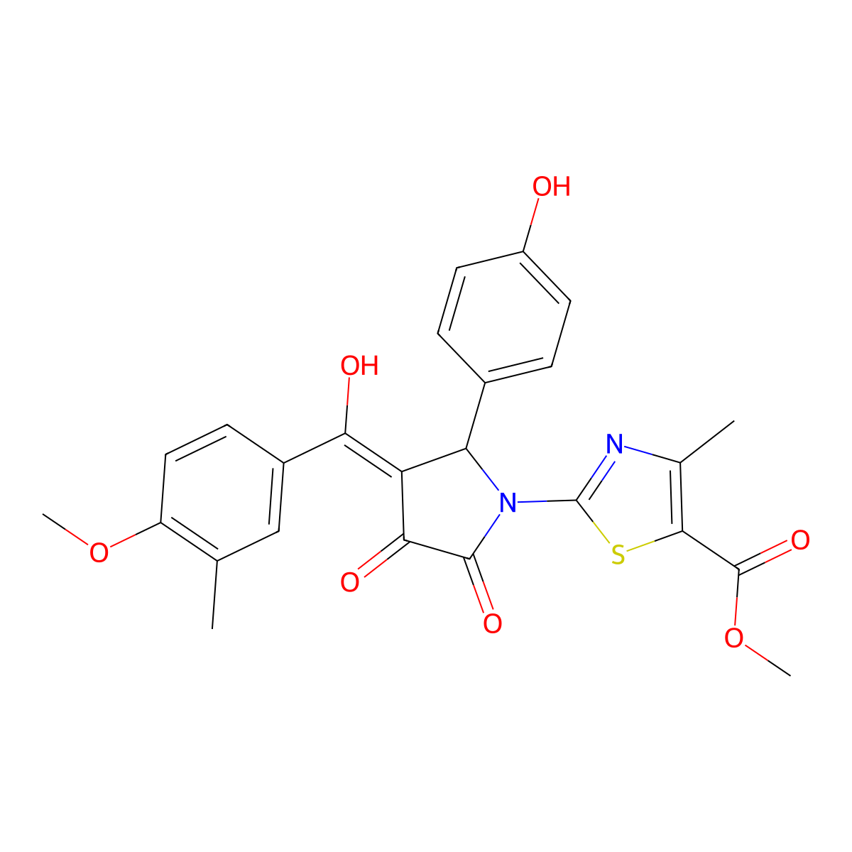 methyl 2-[3-hydroxy-5-(4-hydroxyphenyl)-4-(4-methoxy-3-methylbenzoyl)-2-oxo-2,5-dihydro-1H-pyrrol-1-yl]-4-methyl-1,3-thiazole-5-carboxylate molecular structure, CAS 489422-21-1