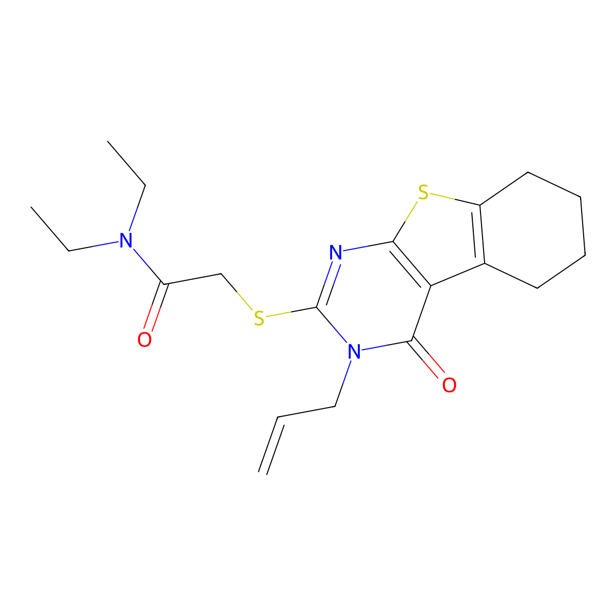 N,N-diethyl-2-{[4-oxo-3-(prop-2-en-1-yl)-3,4,5,6,7,8-hexahydro[1]benzothieno[2,3-d]pyrimidin-2-yl]sulfanyl}acetamide molecular structure, CAS 489422-92-6