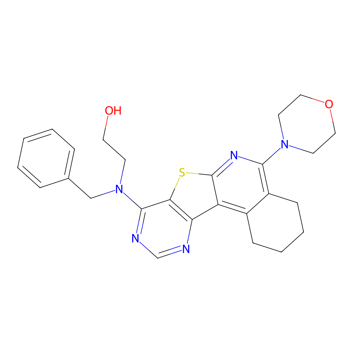 2-(Benzyl(5-morpholino-1,2,3,4-tetrahydropyrimido[4',5':4,5]thieno[2,3-c]isoquinolin-8-yl)amino)ethanol molecular structure, CAS 489423-32-7