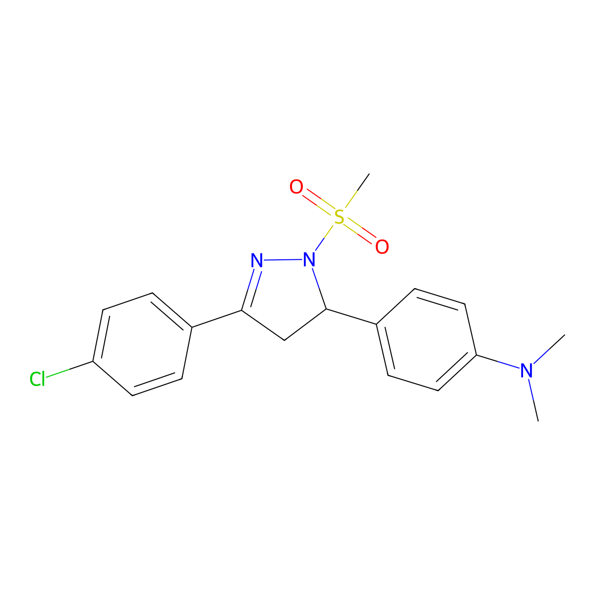 4-[5-(4-chlorophenyl)-2-methylsulfonyl-3,4-dihydropyrazol-3-yl]-N,N-dimethylaniline molecular structure, CAS 489423-67-8