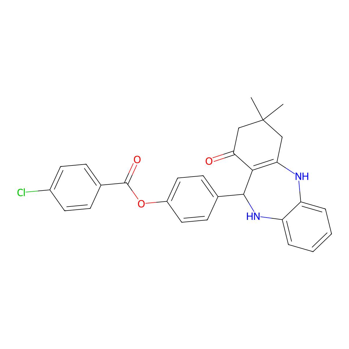 [4-(9,9-dimethyl-7-oxo-6,8,10,11-tetrahydro-5H-benzo[b][1,4]benzodiazepin-6-yl)phenyl] 4-chlorobenzoate molecular structure, CAS 489423-70-3