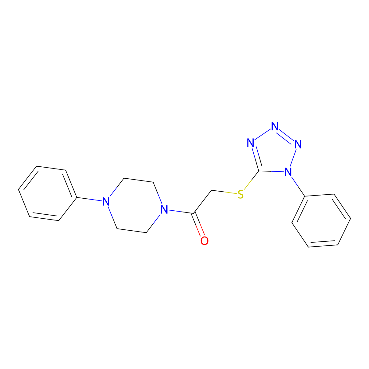 1-(4-phenylpiperazin-1-yl)-2-[(1-phenyl-1H-tetrazol-5-yl)sulfanyl]ethanone molecular structure, CAS 489424-01-3