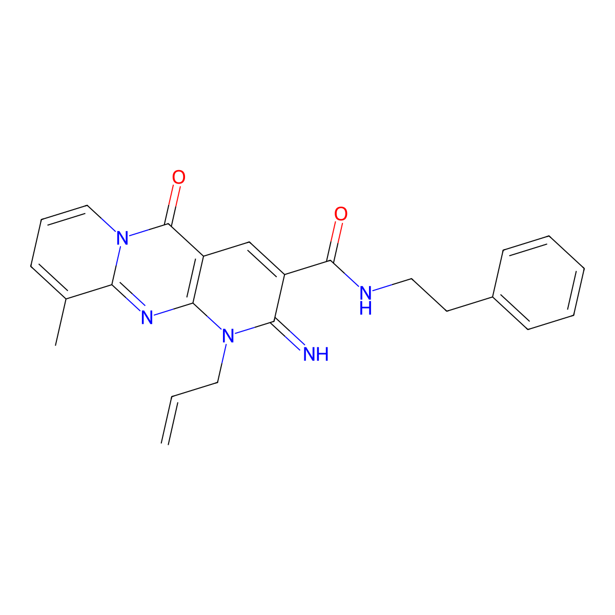 1-Allyl-2-imino-10-methyl-5-oxo-N-(2-phenylethyl)-1,5-dihydro-2H-dipyrido(1,2-A:2,3-D)pyrimidine-3-carboxamide molecular structure, CAS 489424-16-0