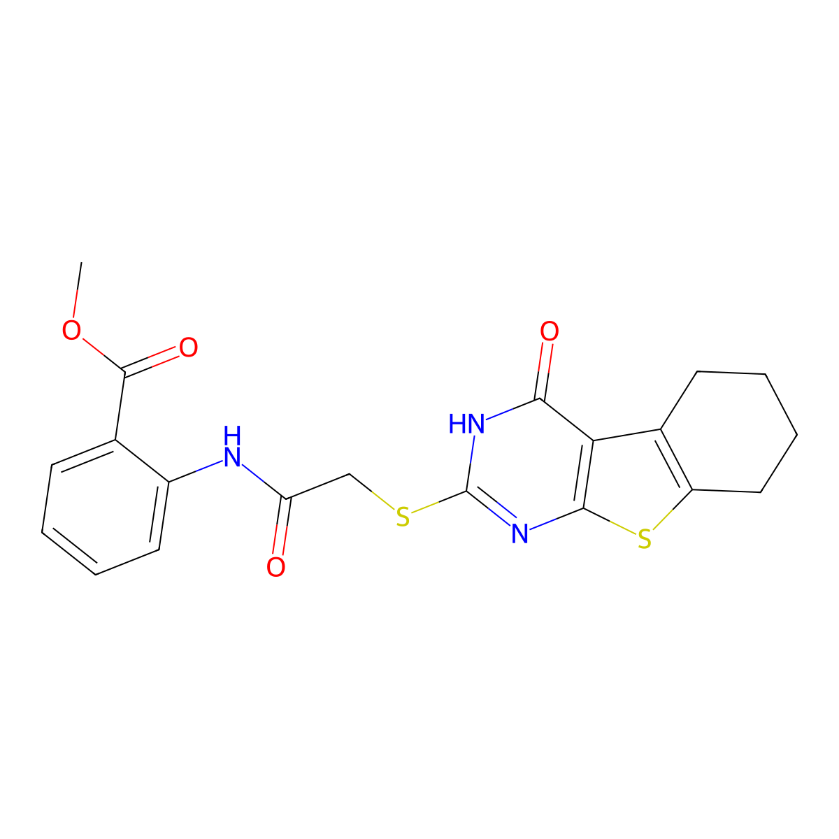 Methyl 2-({[(4-hydroxy-5,6,7,8-tetrahydro[1]benzothieno[2,3-d]pyrimidin-2-yl)sulfanyl]acetyl}amino)benzoate molecular structure, CAS 489424-26-2