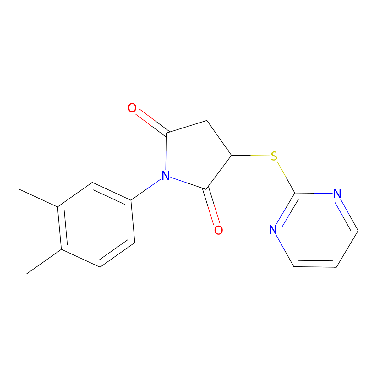 1-(3,4-Dimethylphenyl)-3-(2-pyrimidinylthio)pyrrolidine-2,5-dione molecular structure, CAS 489424-45-5