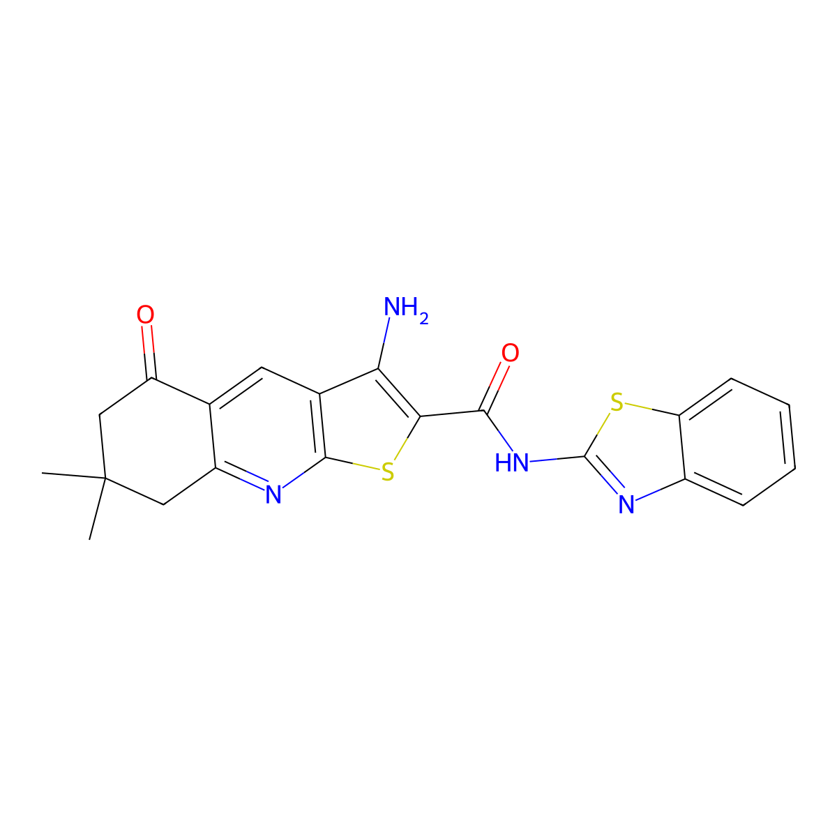 3-amino-N-(benzo[d]thiazol-2-yl)-7,7-dimethyl-5-oxo-5,6,7,8-tetrahydrothieno[2,3-b]quinoline-2-carboxamide molecular structure, CAS 489424-54-6