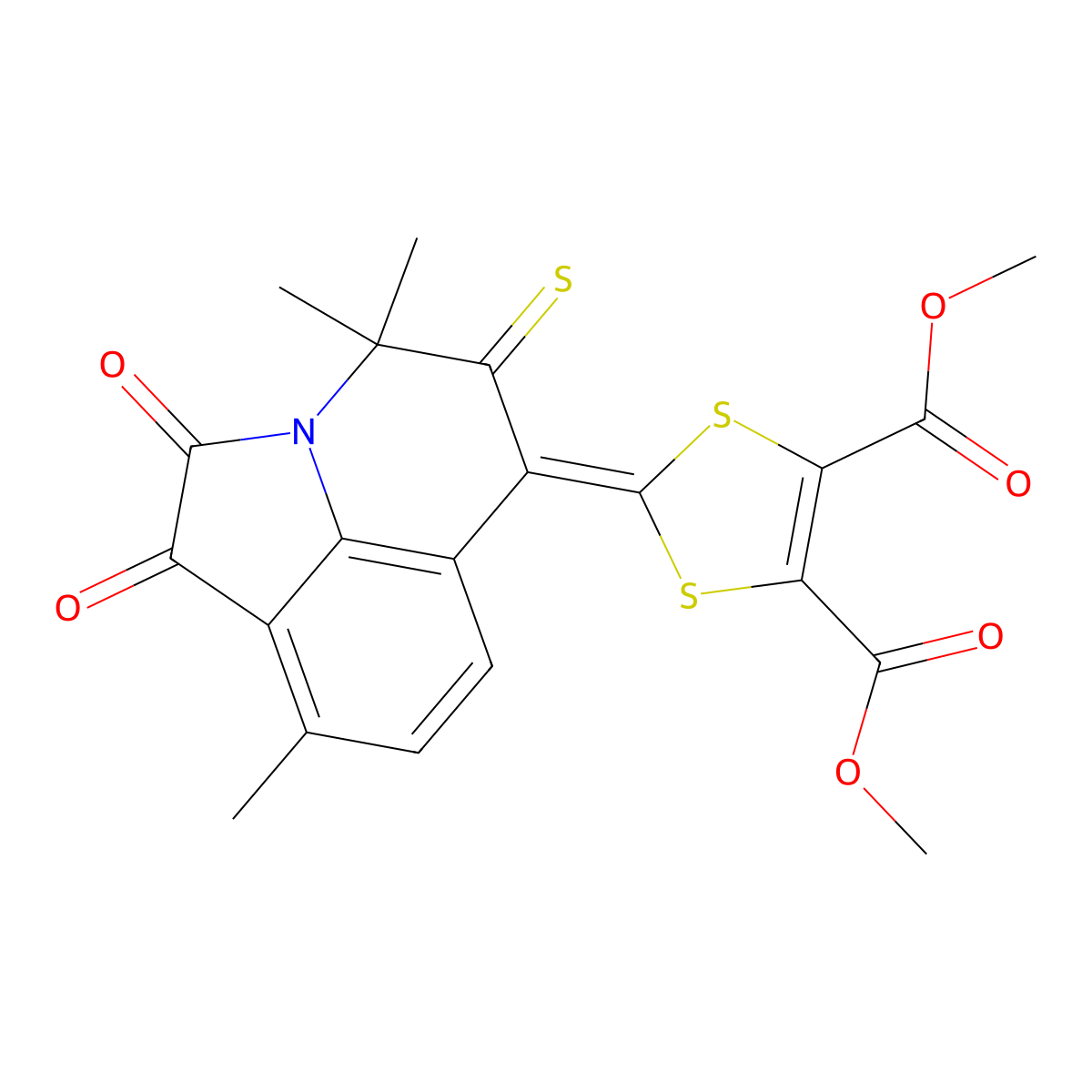 dimethyl 2-(4,4,9-trimethyl-1,2-dioxo-5-thioxo-1,2,4,5-tetrahydro-6H-pyrrolo[3,2,1-ij]quinolin-6-ylidene)-1,3-dithiole-4,5-dicarboxylate molecular structure, CAS 489425-11-8