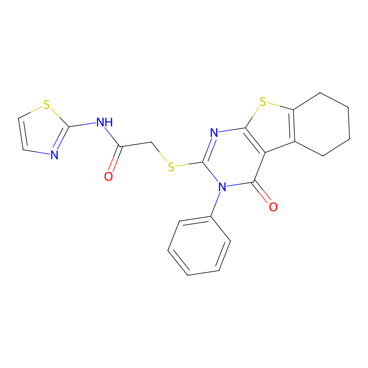 2-(4-oxo-3-phenyl(3,5,6,7,8-pentahydrobenzo[b]thiopheno[2,3-d]pyrimidin-2-ylth io))-N-(1,3-thiazol-2-yl)acetamide molecular structure, CAS 489425-62-9