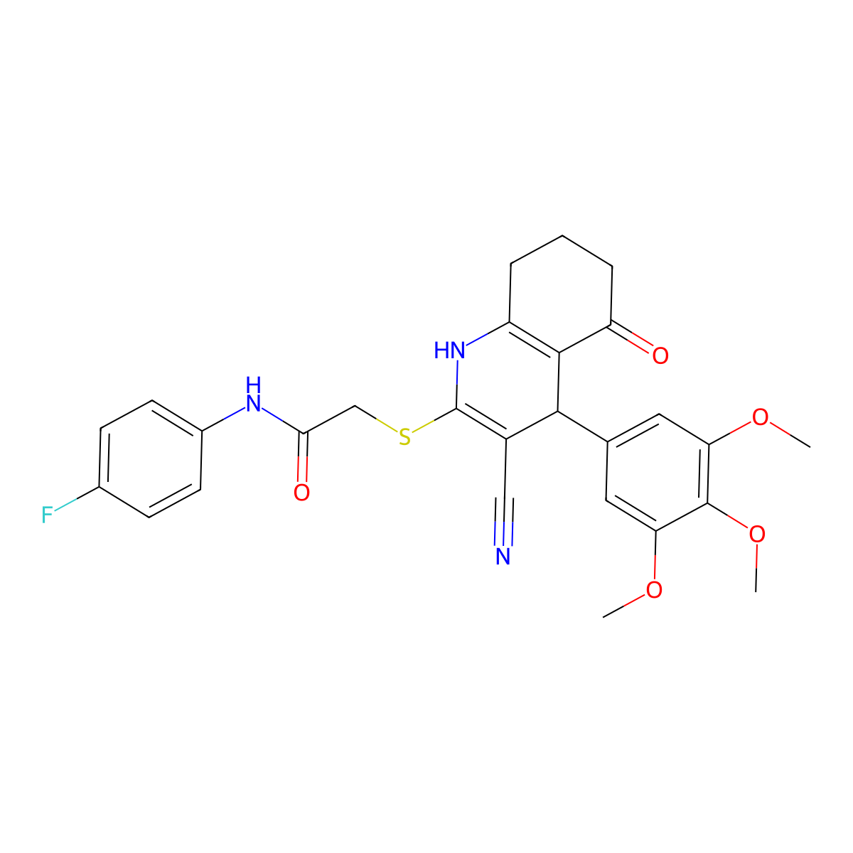 2-{[3-cyano-5-oxo-4-(3,4,5-trimethoxyphenyl)-1,4,5,6,7,8-hexahydroquinolin-2-yl]sulfanyl}-N-(4-fluorophenyl)acetamide molecular structure, CAS 489425-76-5