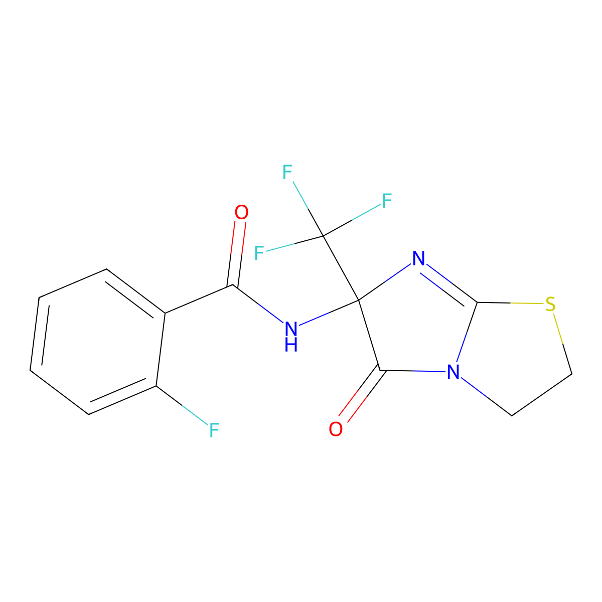 2-fluoro-N-[5-oxo-6-(trifluoromethyl)-2,3,5,6-tetrahydroimidazo[2,1-b][1,3]thiazol-6-yl]benzamide molecular structure, CAS 489433-12-7