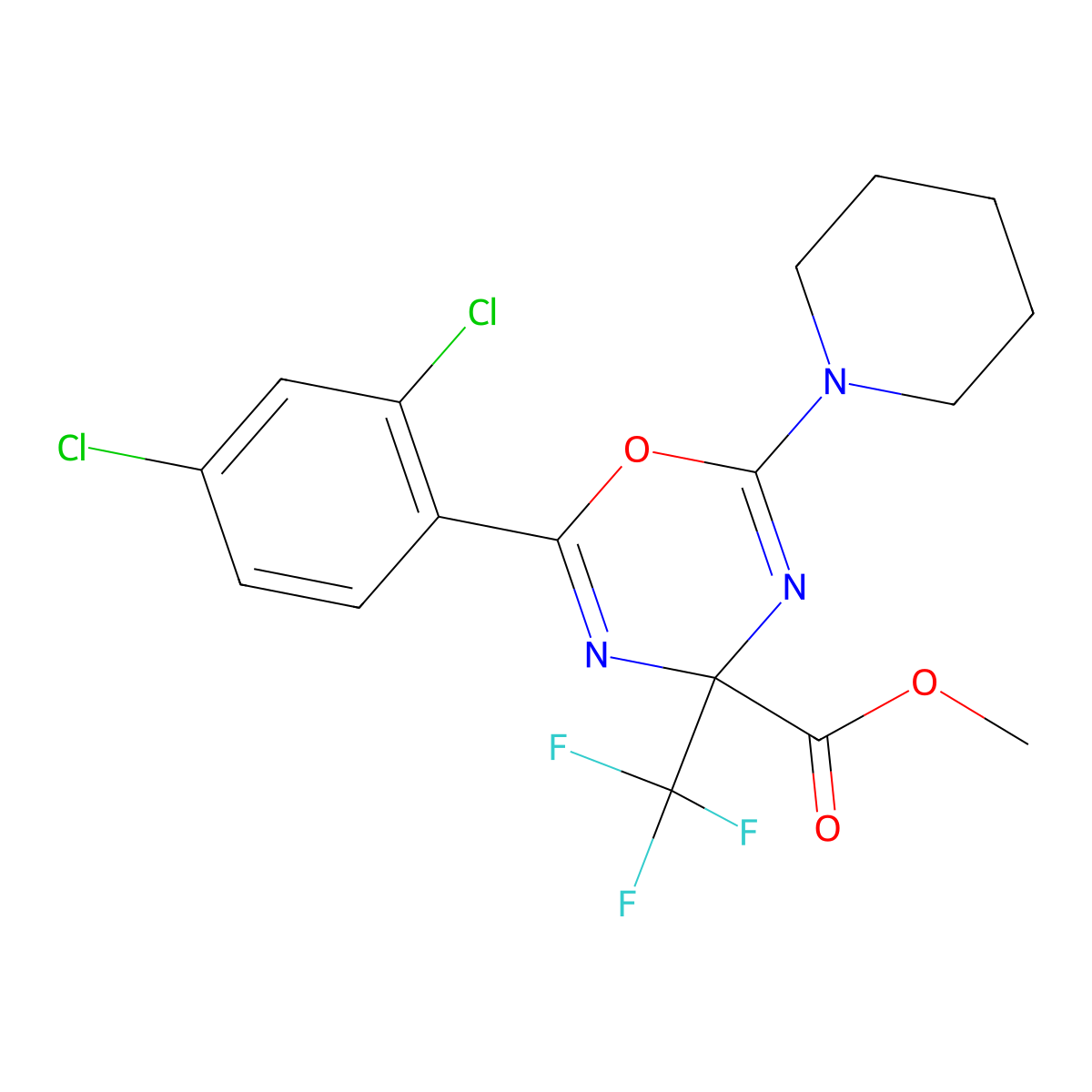 Methyl 2-(2,4-dichlorophenyl)-6-piperidin-1-yl-4-(trifluoromethyl)-1,3,5-oxadiazine-4-carboxylate molecular structure, CAS 489433-18-3
