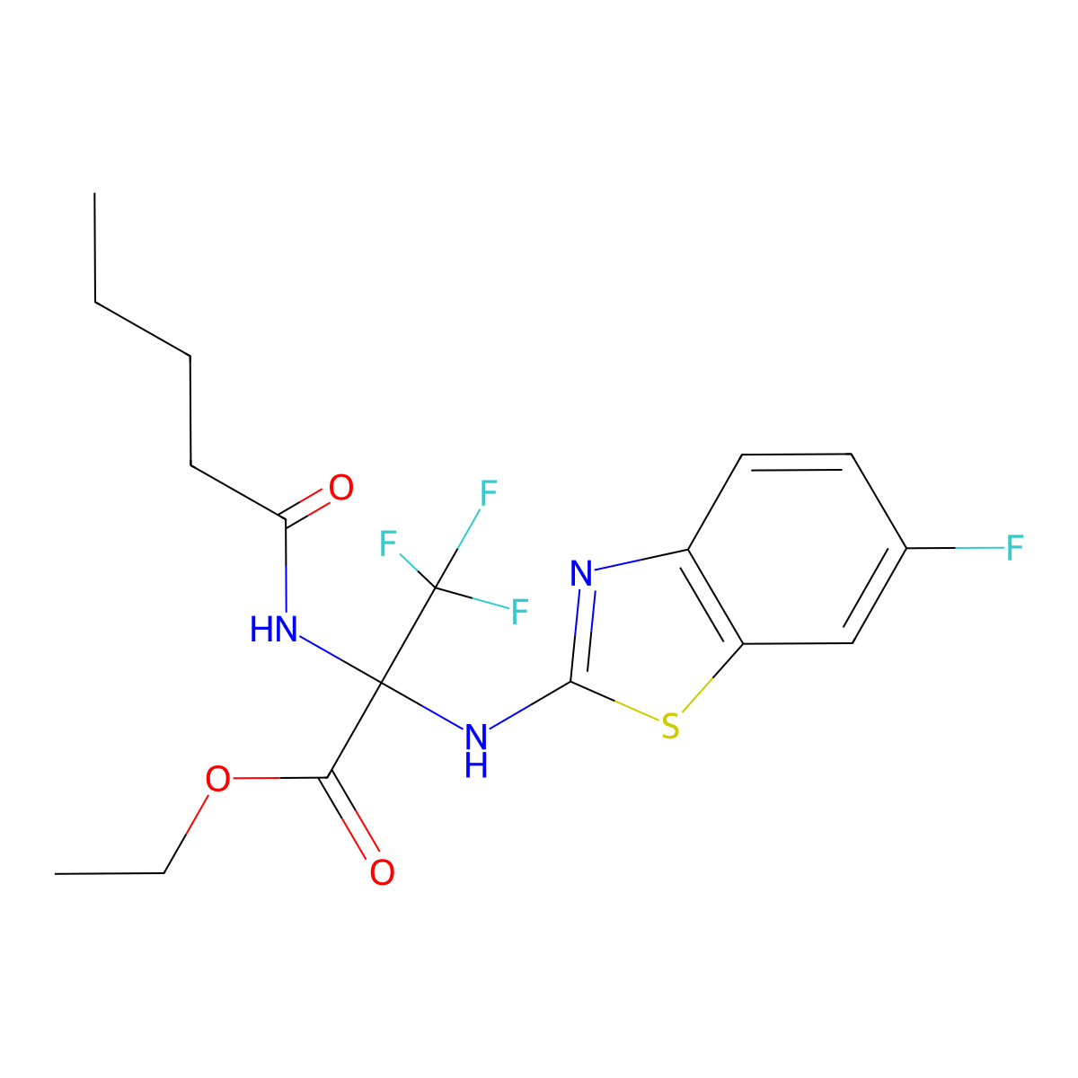 Ethyl 3,3,3-trifluoro-2-[(6-fluoro-1,3-benzothiazol-2-yl)amino]-2-(pentanoylamino)propanoate molecular structure, CAS 489433-25-2