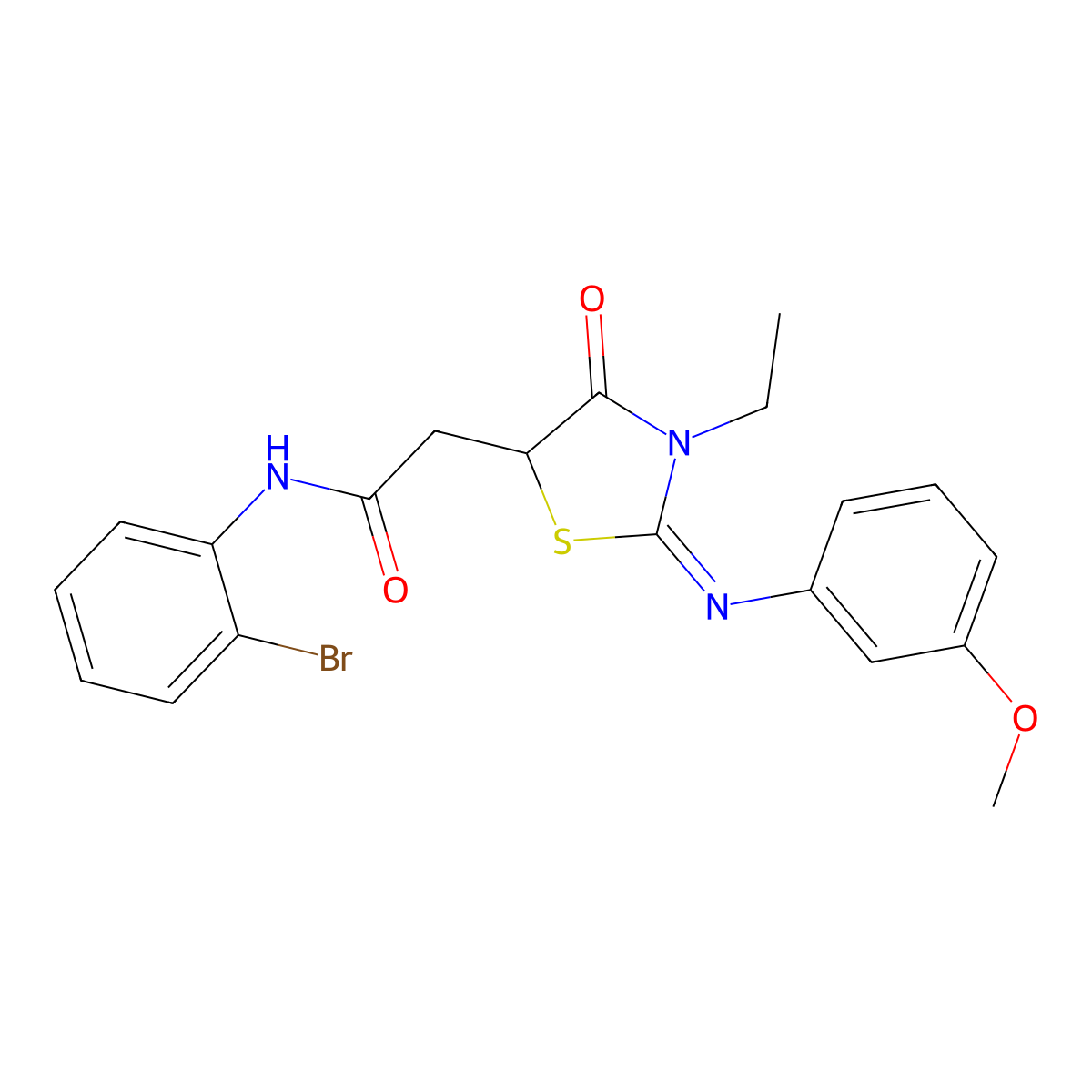 N-(2-bromophenyl)-2-[3-ethyl-2-(3-methoxyphenyl)imino-4-oxo-1,3-thiazolidin-5-yl]acetamide molecular structure, CAS 489436-43-3