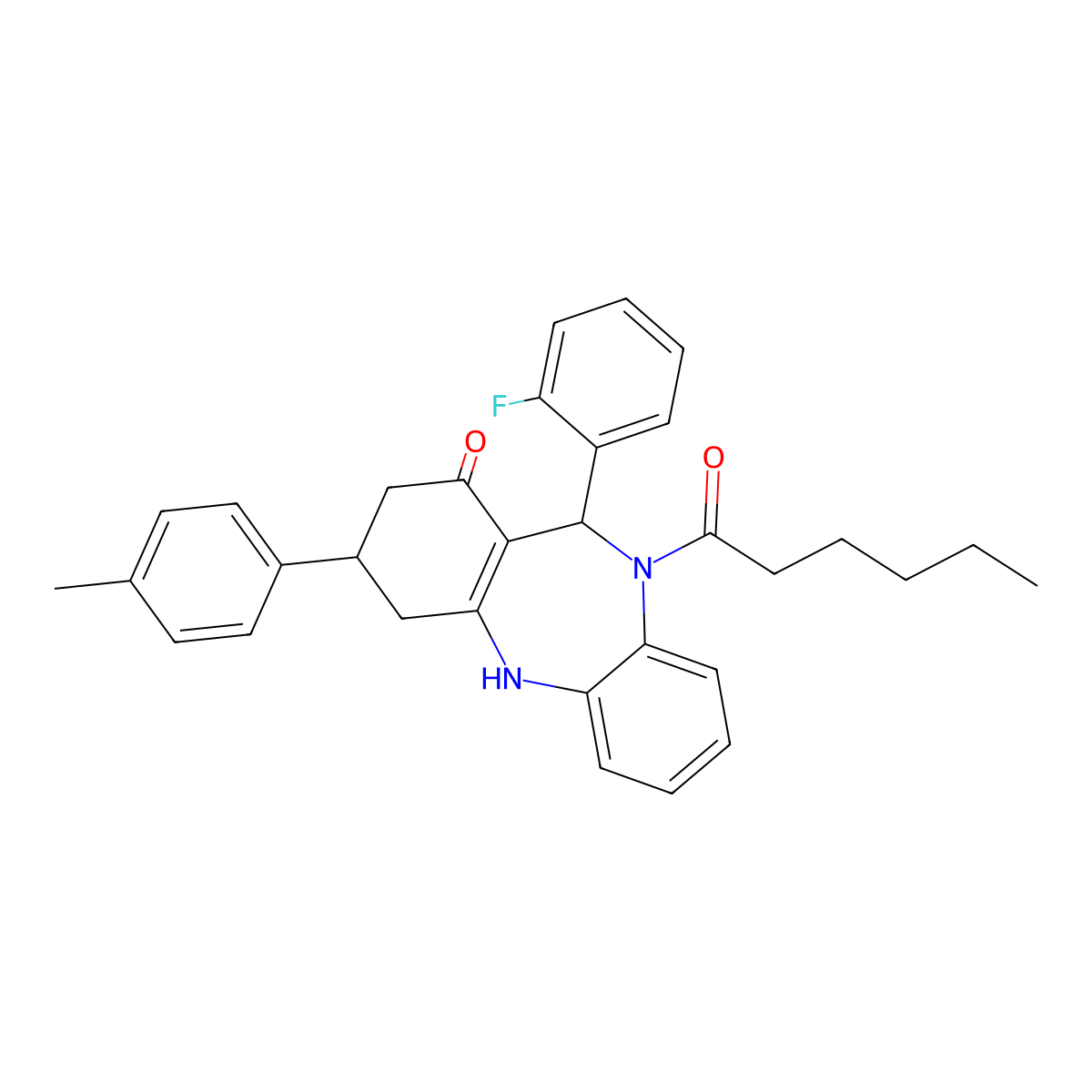 1-[11-(2-fluorophenyl)-1-hydroxy-3-(4-methylphenyl)-2,3,4,11-tetrahydro-10H-dibenzo[b,e][1,4]diazepin-10-yl]hexan-1-one molecular structure, CAS 489440-44-0