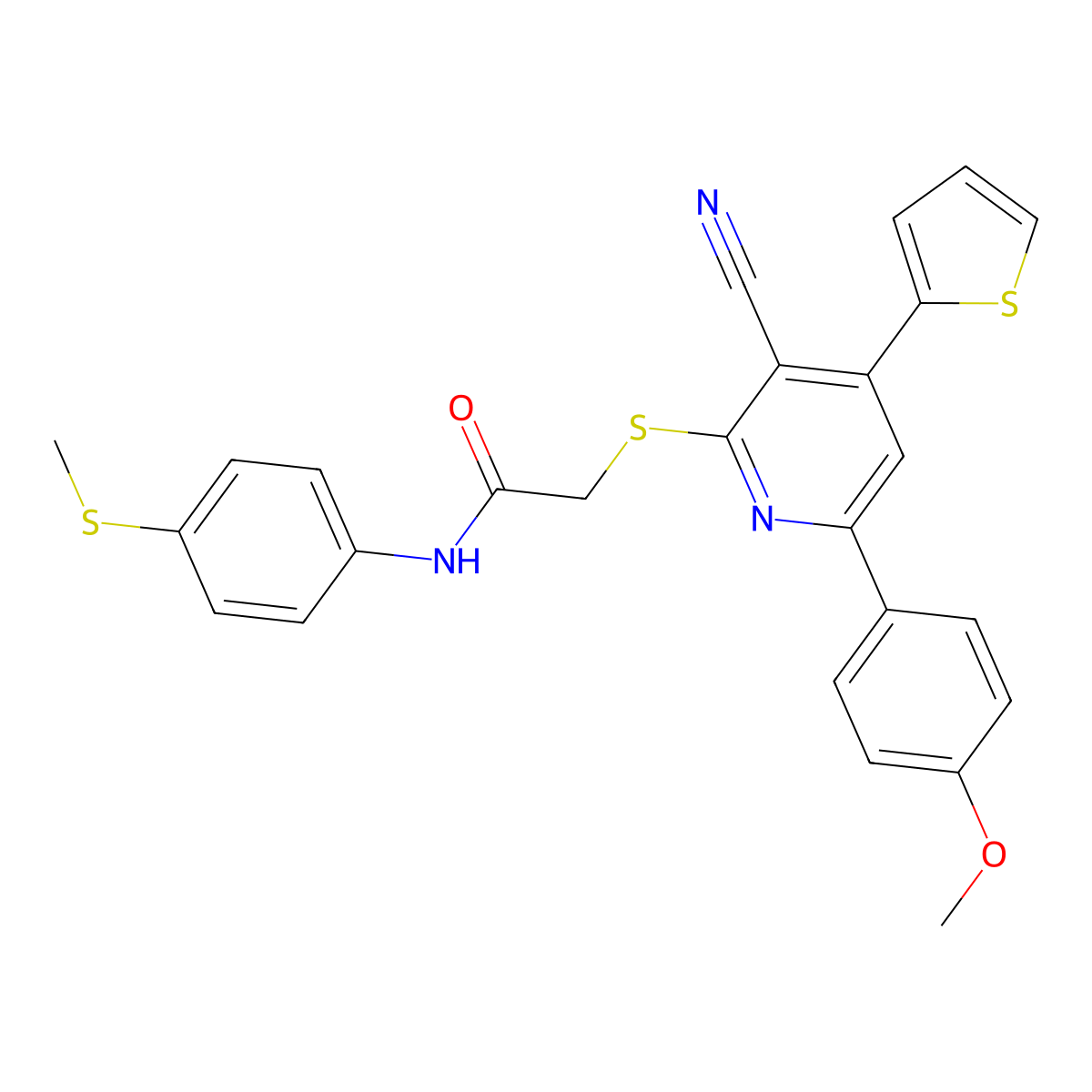 2-[3-cyano-6-(4-methoxyphenyl)-4-thiophen-2-ylpyridin-2-yl]sulfanyl-N-(4-methylsulfanylphenyl)acetamide molecular structure, CAS 489442-07-1
