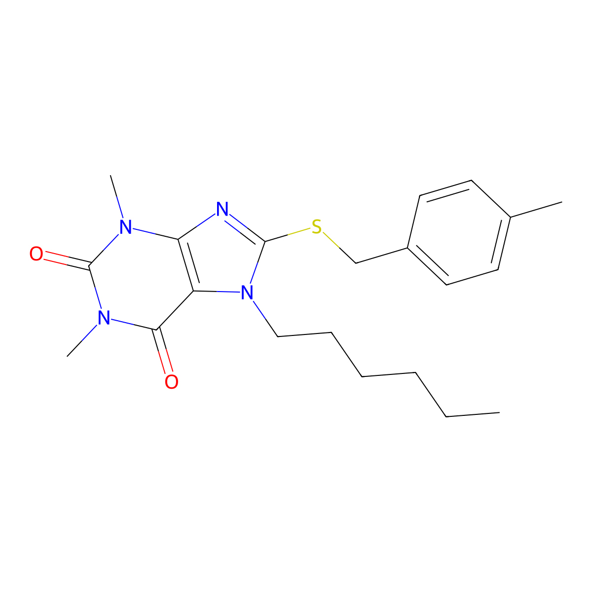 7-Hexyl-1,3-dimethyl-8-[(4-methylphenyl)methylsulfanyl]purine-2,6-dione molecular structure, CAS 489442-17-3