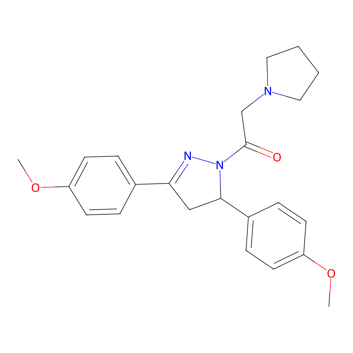 1-[3,5-Bis(4-methoxyphenyl)-3,4-dihydropyrazol-2-yl]-2-pyrrolidin-1-ylethanone molecular structure, CAS 489443-12-1