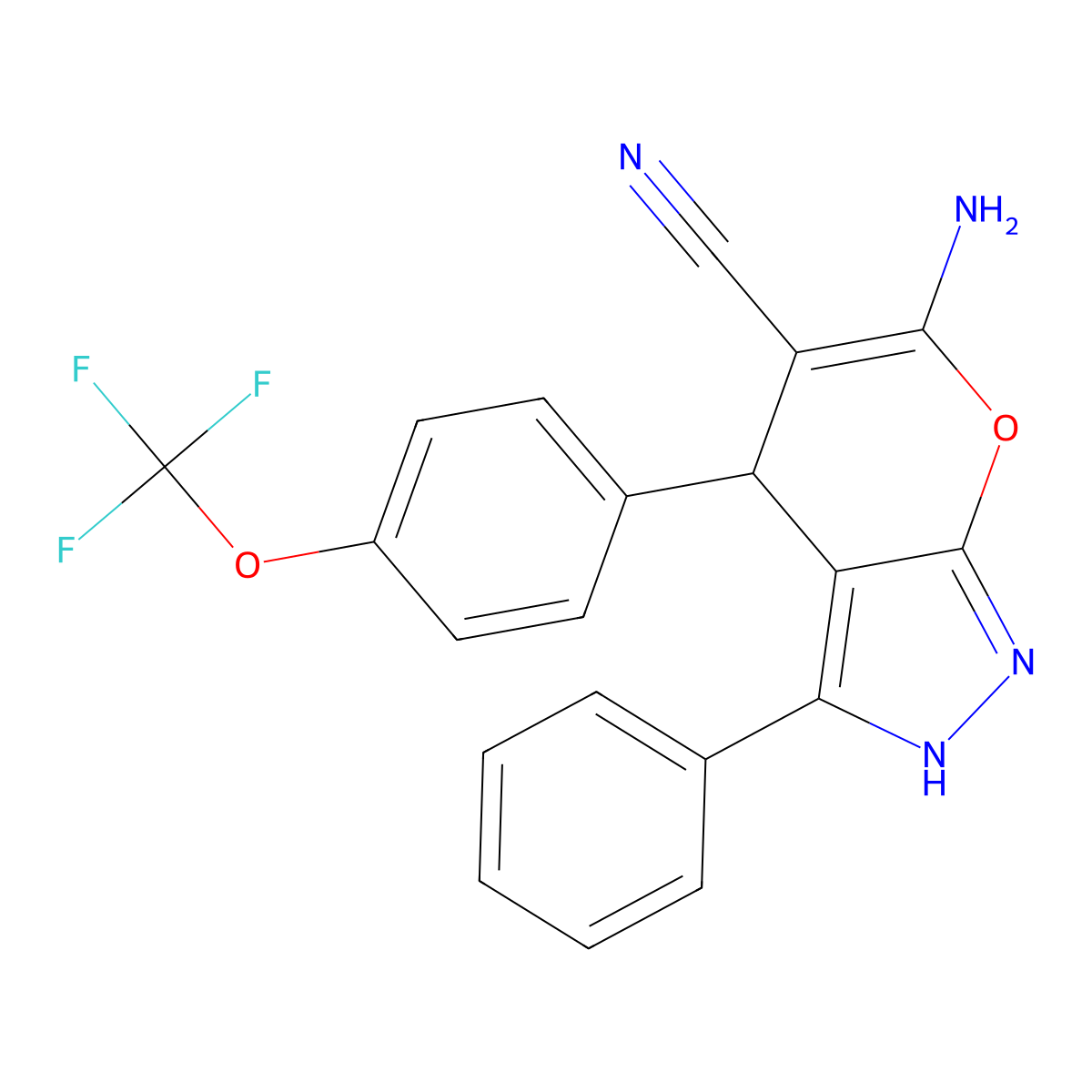 6-Amino-3-phenyl-4-{4-[(trifluoromethyl)oxy]phenyl}-1,4-dihydropyrano[2,3-c]pyrazole-5-carbonitrile molecular structure, CAS 489443-30-3