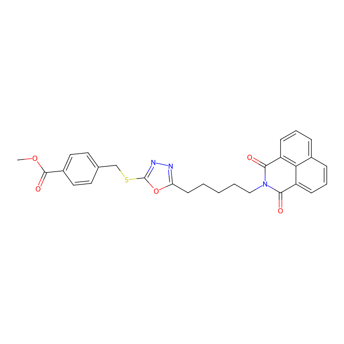 methyl 4-[({5-[5-(1,3-dioxo-1H-benzo[de]isoquinolin-2(3H)-yl)pentyl]-1,3,4-oxadiazol-2-yl}sulfanyl)methyl]benzoate molecular structure, CAS 489443-88-1