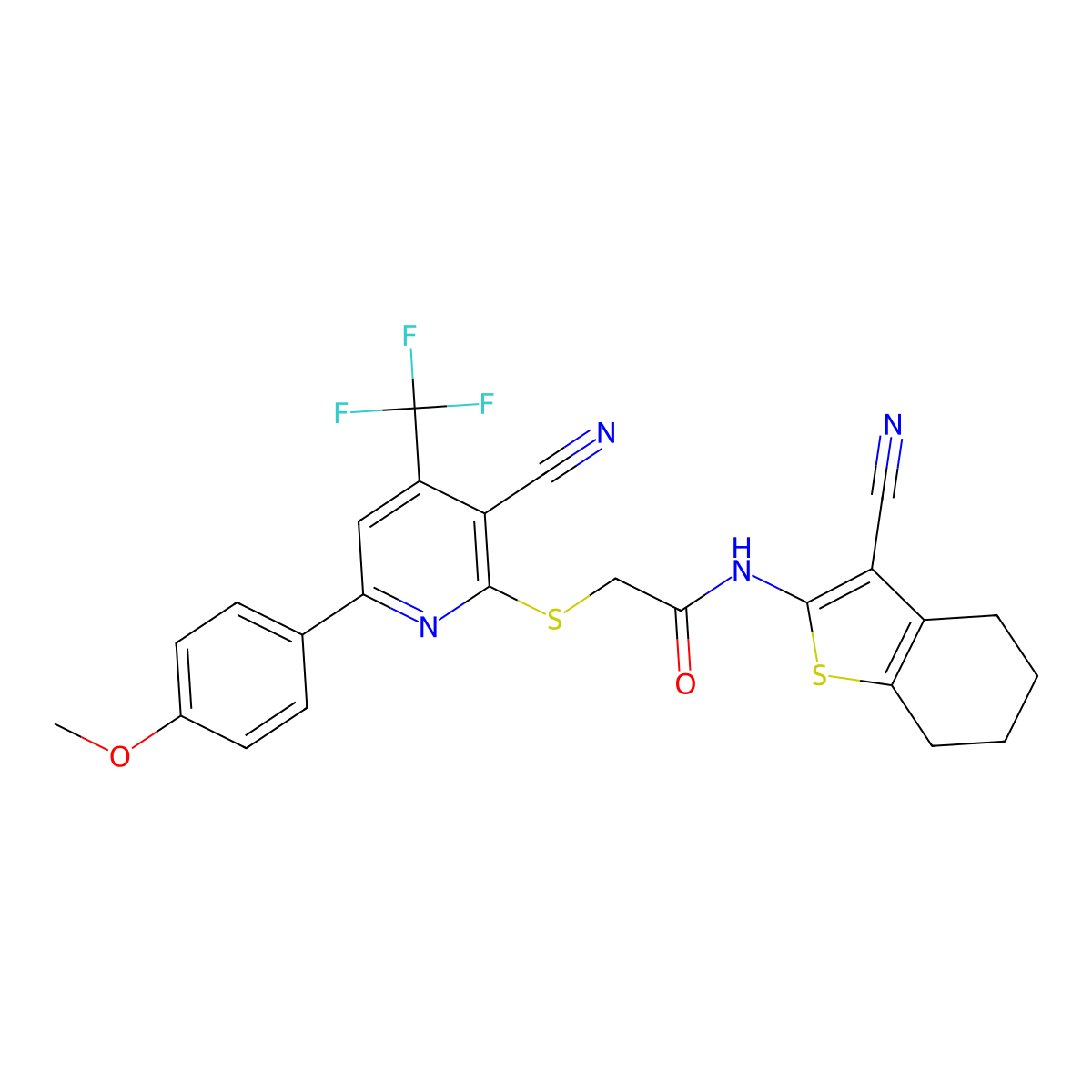 2-[3-cyano-6-(4-methoxyphenyl)-4-(trifluoromethyl)pyridin-2-yl]sulfanyl-N-(3-cyano-4,5,6,7-tetrahydro-1-benzothiophen-2-yl)acetamide molecular structure, CAS 489444-20-4