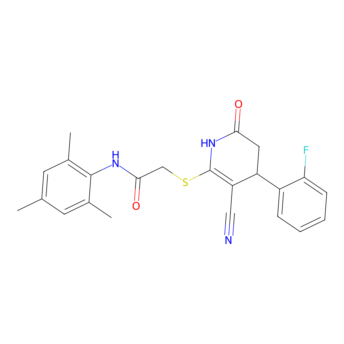 2-((3-cyano-4-(2-fluorophenyl)-6-oxo-1,4,5,6-tetrahydropyridin-2-yl)thio)-N-mesitylacetamide molecular structure, CAS 489444-22-6