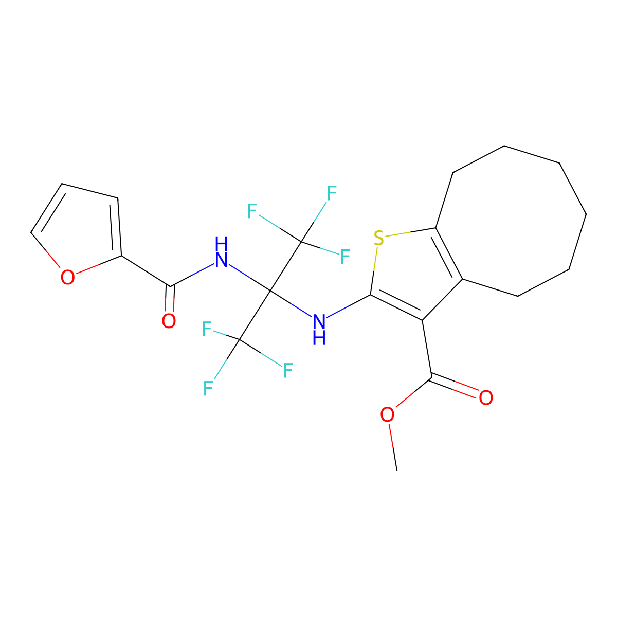 Methyl 2-[[1,1,1,3,3,3-hexafluoro-2-(furan-2-carbonylamino)propan-2-yl]amino]-4,5,6,7,8,9-hexahydrocycloocta[b]thiophene-3-carboxylate molecular structure, CAS 489444-76-0