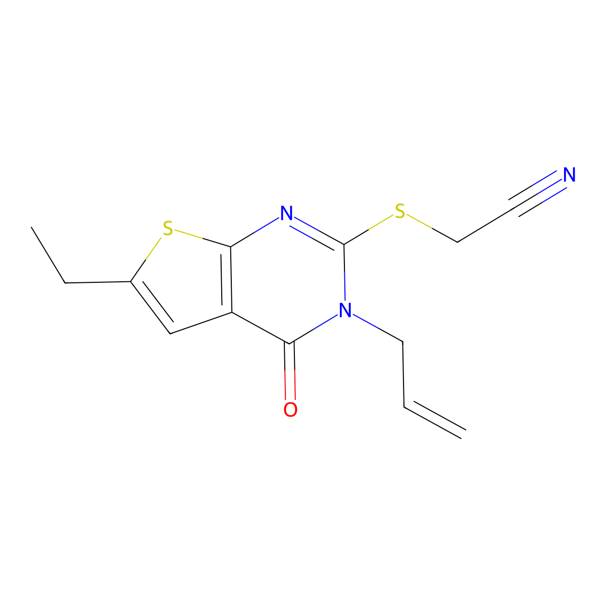 2-(6-Ethyl-4-oxo-3-prop-2-enylthieno[2,3-d]pyrimidin-2-yl)sulfanylacetonitrile molecular structure, CAS 489444-83-9