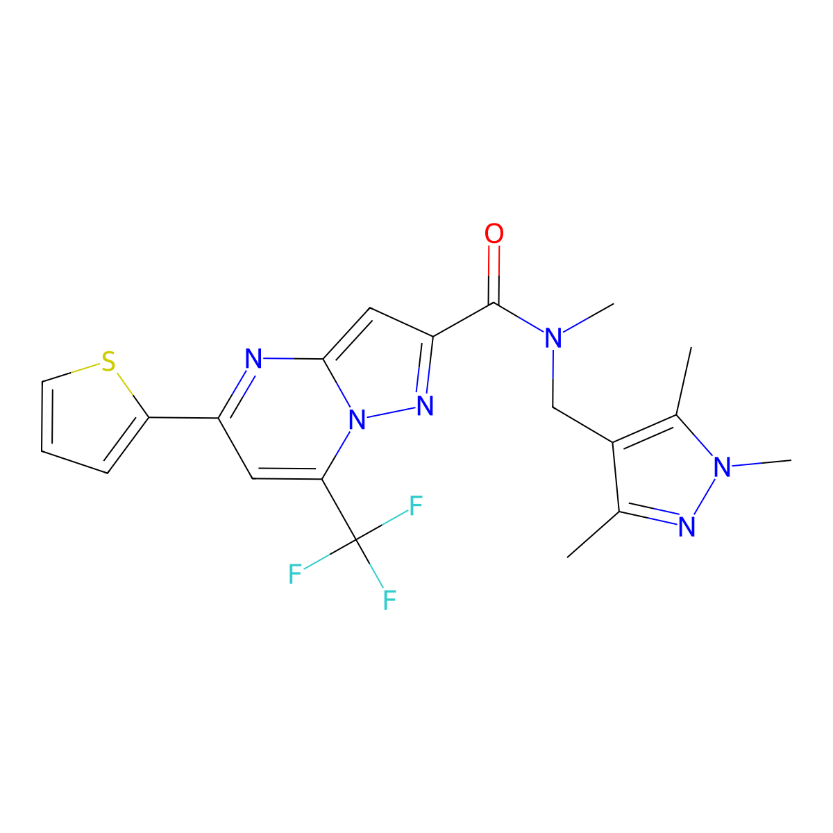 N-methyl-5-thiophen-2-yl-7-(trifluoromethyl)-N-[(1,3,5-trimethylpyrazol-4-yl)methyl]pyrazolo[1,5-a]pyrimidine-2-carboxamide molecular structure, CAS 489448-97-7