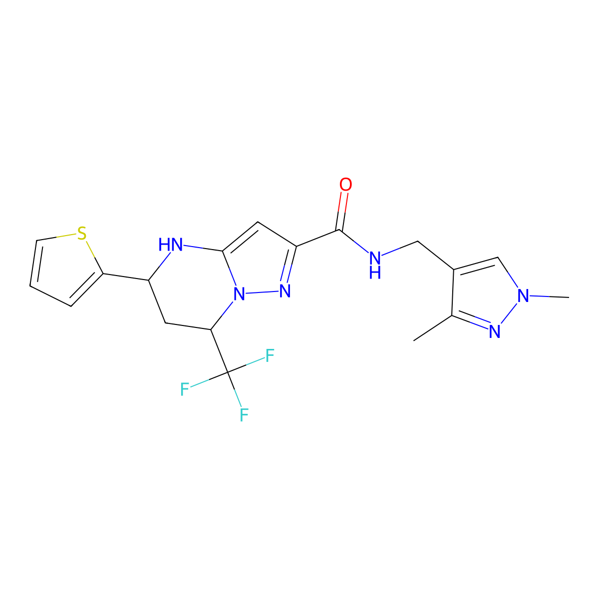 5-Thiophen-2-yl-7-trifluoromethyl-4,5,6,7-tetrahydro-pyrazolo[1,5-a]pyrimidine-2-carboxylic acid (1,3-dimethyl-1H-pyrazol-4-ylmethyl)-amide molecular structure, CAS 489449-09-4