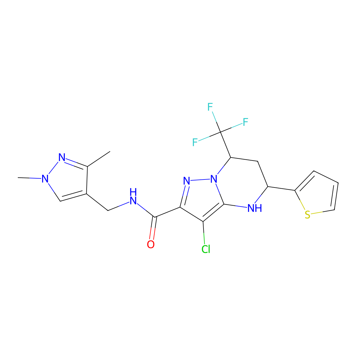 3-chloro-N-[(1,3-dimethyl-1H-pyrazol-4-yl)methyl]-5-(2-thienyl)-7-(trifluoromethyl)-4,5,6,7-tetrahydropyrazolo[1,5-a]pyrimidine-2-carboxamide molecular structure, CAS 489449-10-7