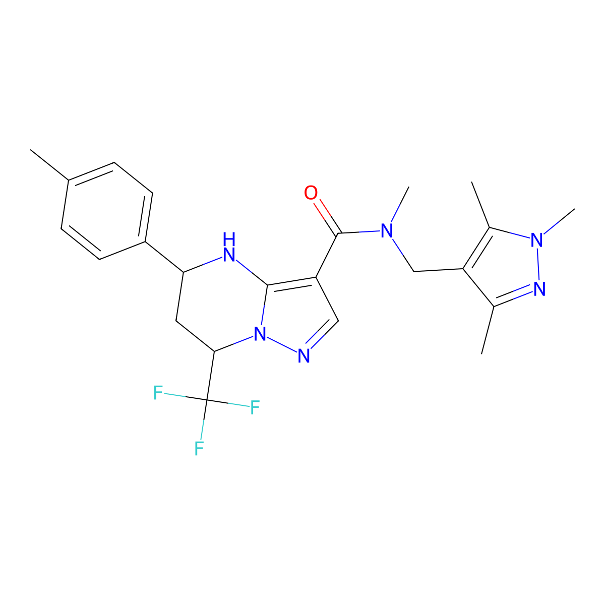 N-methyl-5-(4-methylphenyl)-7-(trifluoromethyl)-N-[(1,3,5-trimethyl-1H-pyrazol-4-yl)methyl]-4,5,6,7-tetrahydropyrazolo[1,5-a]pyrimidine-3-carboxamide molecular structure, CAS 489449-11-8