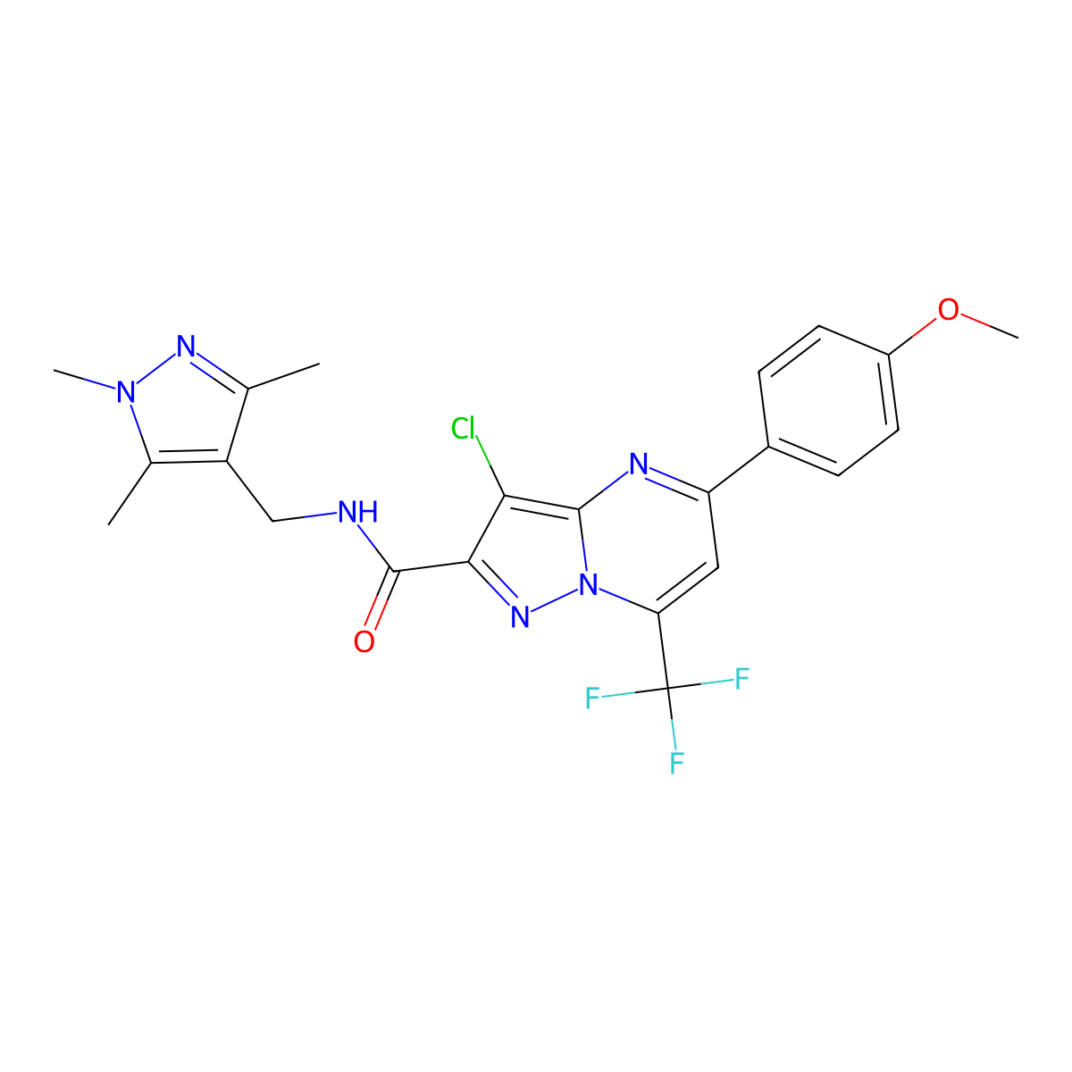 3-chloro-5-(4-methoxyphenyl)-7-(trifluoromethyl)-N-[(1,3,5-trimethylpyrazol-4-yl)methyl]pyrazolo[1,5-a]pyrimidine-2-carboxamide molecular structure, CAS 489449-13-0