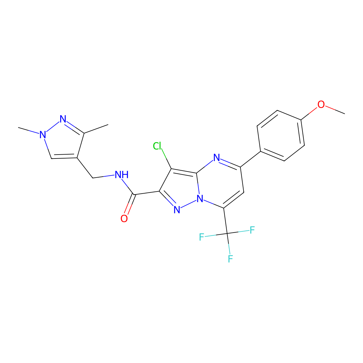 3-chloro-N-[(1,3-dimethyl-1H-pyrazol-4-yl)methyl]-5-(4-methoxyphenyl)-7-(trifluoromethyl)pyrazolo[1,5-a]pyrimidine-2-carboxamide molecular structure, CAS 489449-18-5
