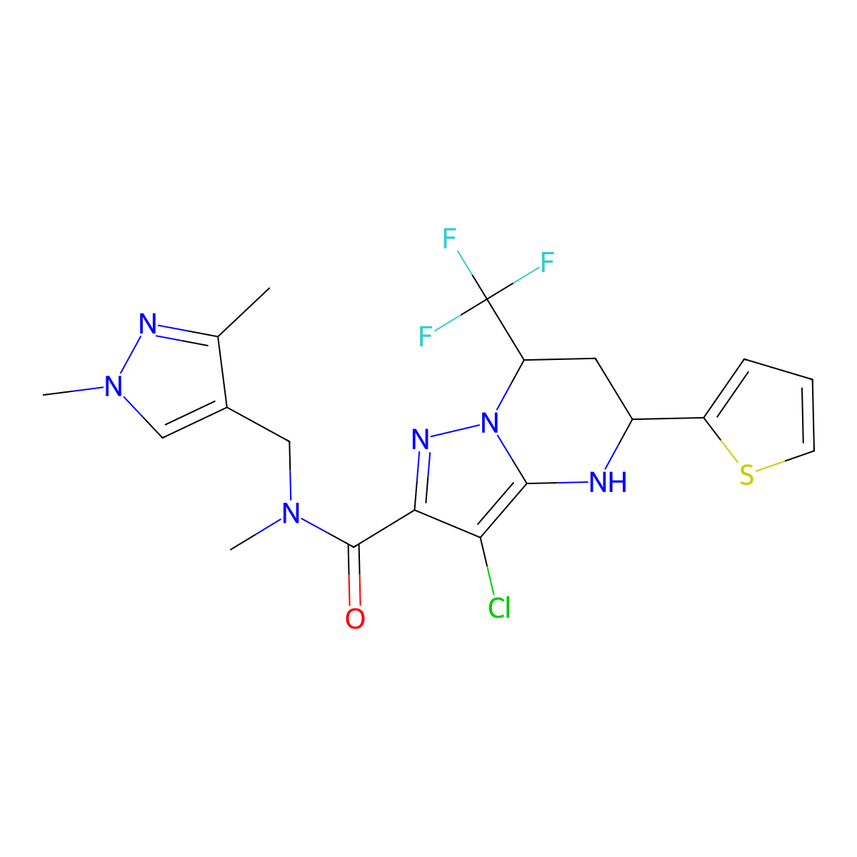 3-Chloro-5-thiophen-2-yl-7-trifluoromethyl-4,5,6,7-tetrahydro-pyrazolo[1,5-a]pyrimidine-2-carboxylic acid (1,3-dimethyl-1H-pyrazol-4-ylmethyl)-methyl-amide molecular structure, CAS 489449-20-9