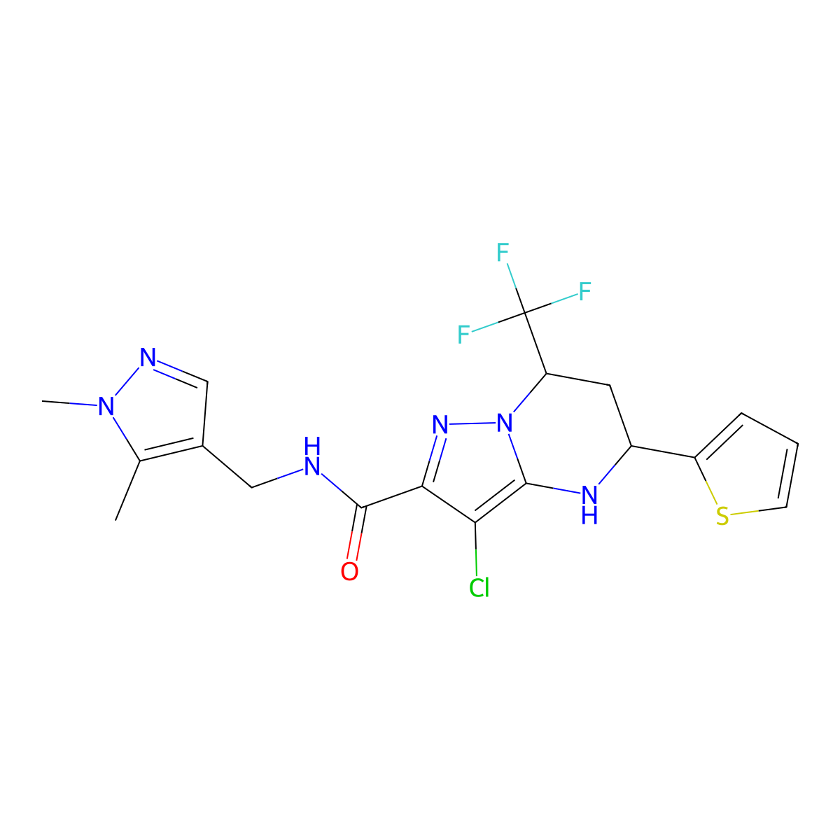 3-chloro-N-[(1,5-dimethyl-1H-pyrazol-4-yl)methyl]-5-(2-thienyl)-7-(trifluoromethyl)-4,5,6,7-tetrahydropyrazolo[1,5-a]pyrimidine-2-carboxamide molecular structure, CAS 489449-25-4