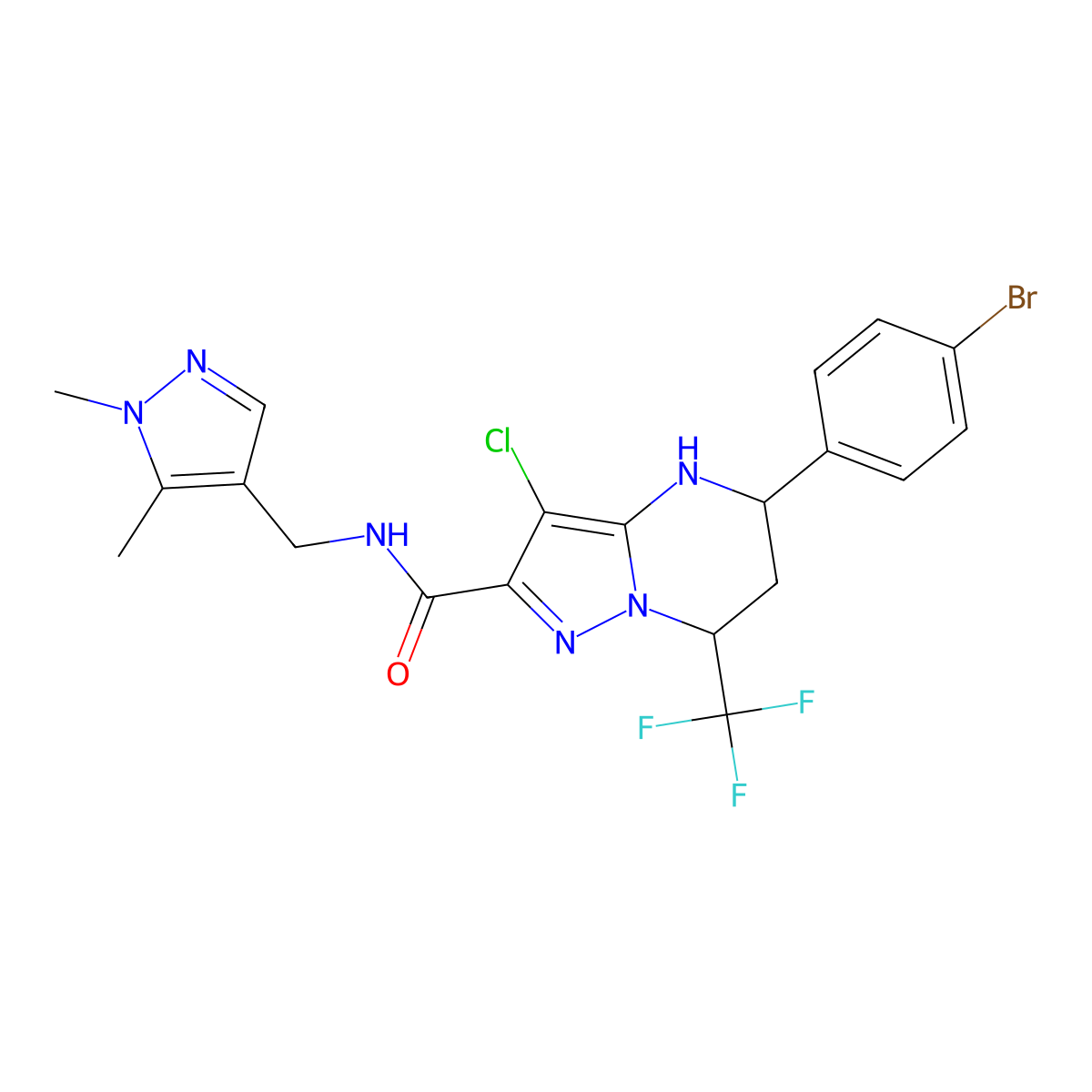 5-(4-bromophenyl)-3-chloro-N-[(1,5-dimethyl-1H-pyrazol-4-yl)methyl]-7-(trifluoromethyl)-4,5,6,7-tetrahydropyrazolo[1,5-a]pyrimidine-2-carboxamide molecular structure, CAS 489449-31-2