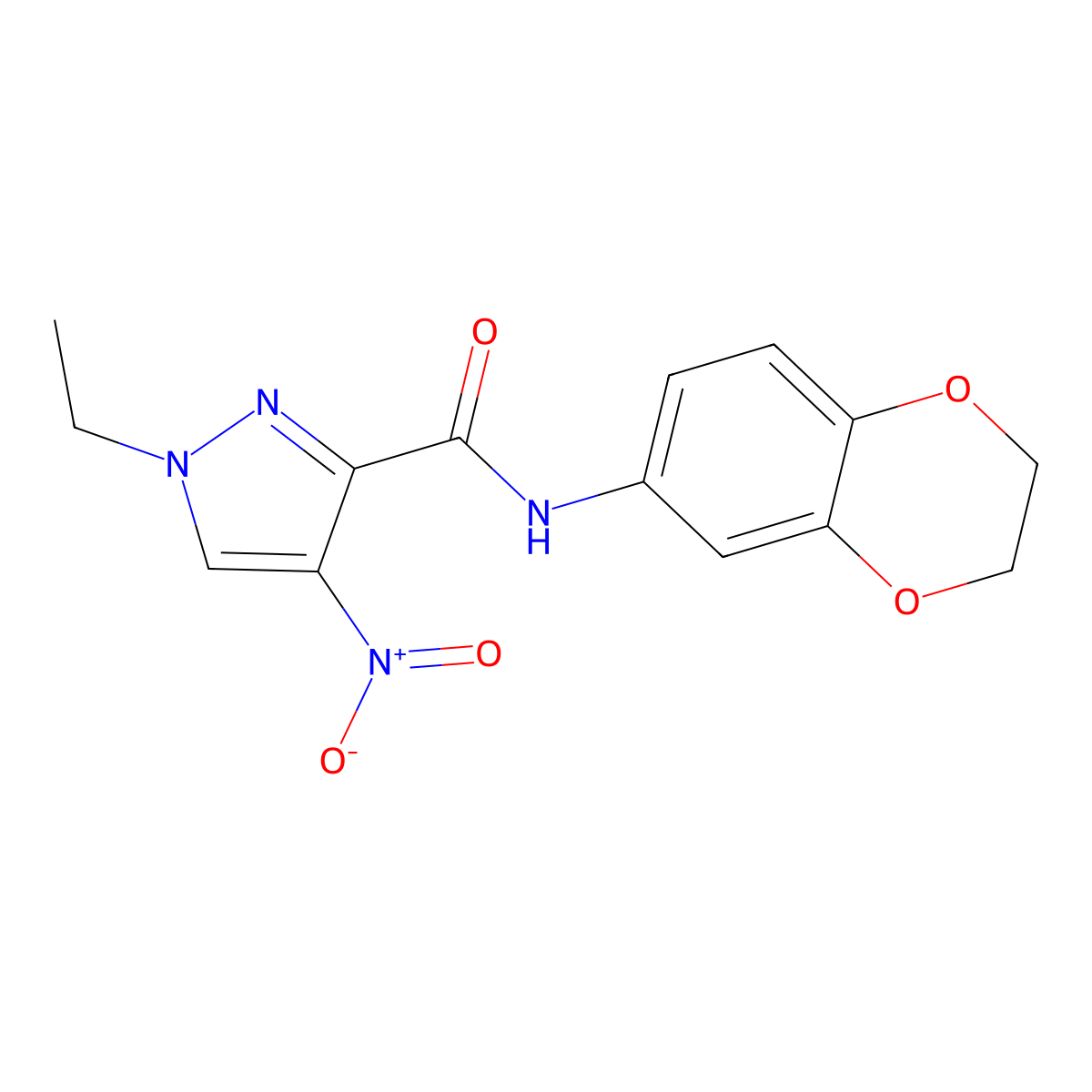 N-(2,3-dihydro-1,4-benzodioxin-6-yl)-1-ethyl-4-nitro-1H-pyrazole-3-carboxamide molecular structure, CAS 489449-41-4