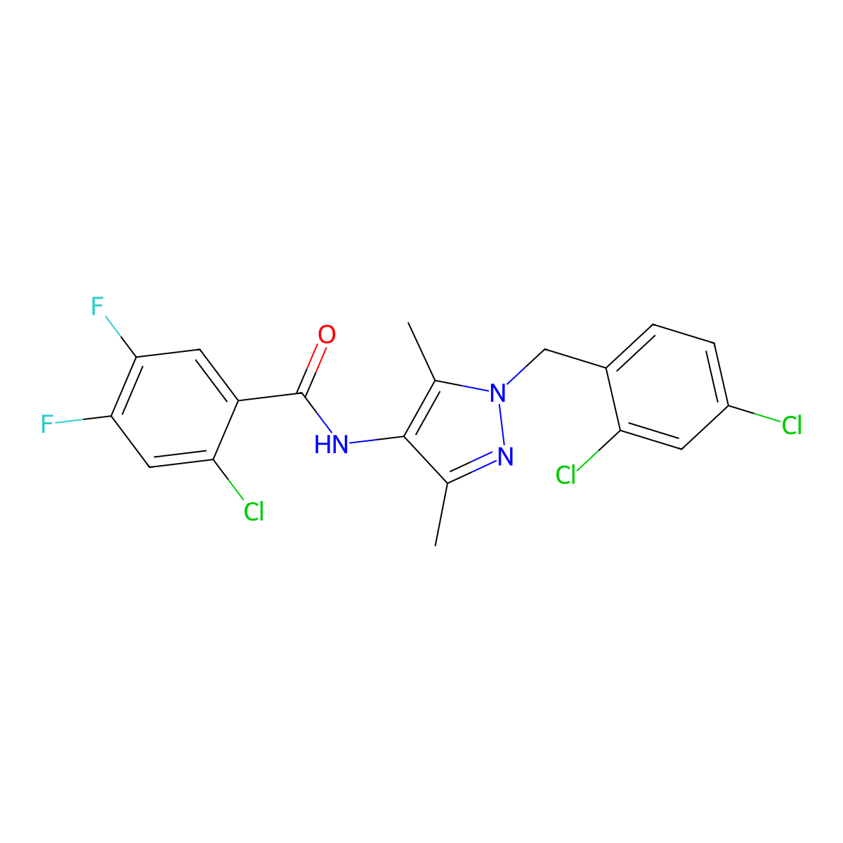 2-chloro-N-[1-[(2,4-dichlorophenyl)methyl]-3,5-dimethylpyrazol-4-yl]-4,5-difluorobenzamide molecular structure, CAS 489449-59-4