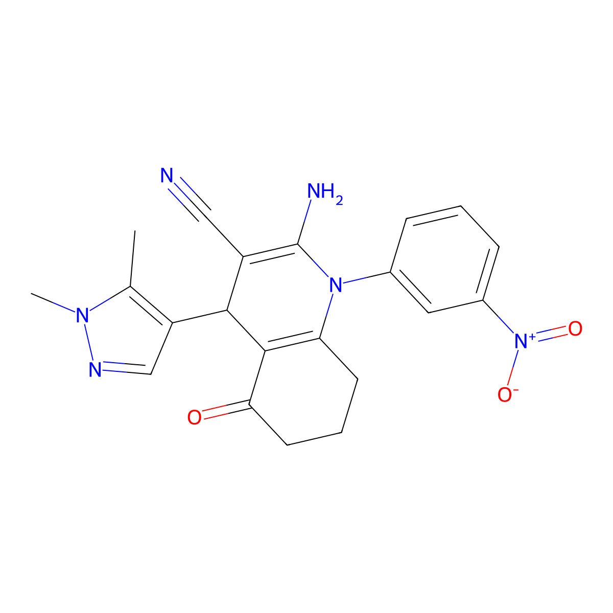 2-Amino-4-(1,5-dimethylpyrazol-4-yl)-1-(3-nitrophenyl)-5-oxo-4,6,7,8-tetrahydroquinoline-3-carbonitrile molecular structure, CAS 489449-62-9